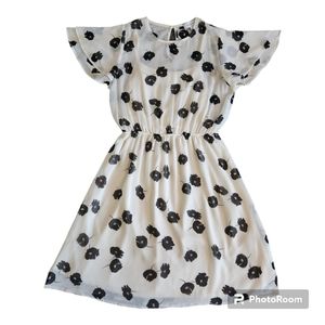 GILLI Women's Ivory With Black Floral Print Sheer Ruffle Sleeve Dress Size M